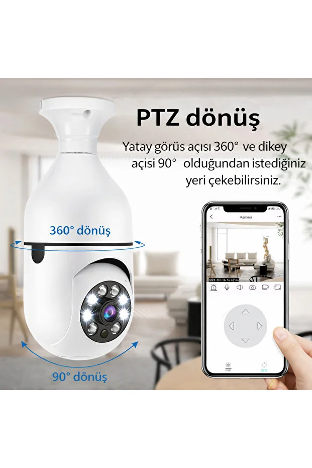 Gece Görüşlü 360 Derece Led Işık 1080p Wifi Kamera Kablosuz Panoramik Balıkgözü Ampul Kamera